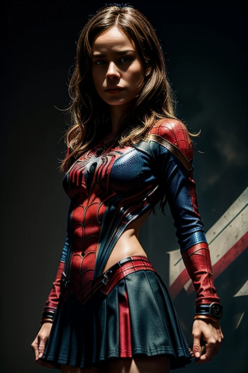 Brie Larson、stick out the navel、new york、She&#39;s wearing a torn Spider-Man suit,Wearing a skirt、 Red and black color scheme,dynamic、masterpiece、highest quality、Ultra-detailed、Very detailed、Beautiful sparkle in the details、超A high resolution