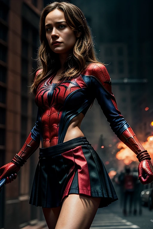 Brie Larson、stick out the navel、new york、She&#39;s wearing a torn Spider-Man suit,Wearing a skirt、 Red and black color scheme,dynamic、masterpiece、highest quality、Ultra-detailed、Very detailed、Beautiful sparkle in the details、超A high resolution