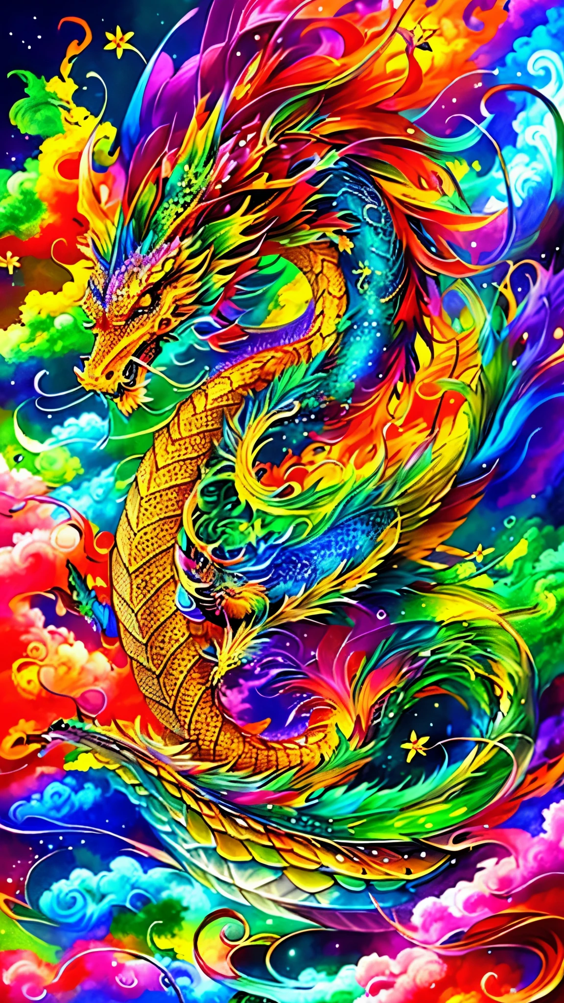 Close up of a dragon with a flower on its head, Very complex and colorful, Majestic Japanese Dragon, Chinese mythology, Chinese Dragon concept art, Lung Dragon, A colorful and exquisite masterpiece, phoenix dragon, A complex and colorful masterpiece, Fire-breathing dragon in the sky, Chinese Dragons fighting, Chinese Dragon, Awesomely detailed color art, Dragon Art, Highly detailed and colorful, Highly detailed and colorful