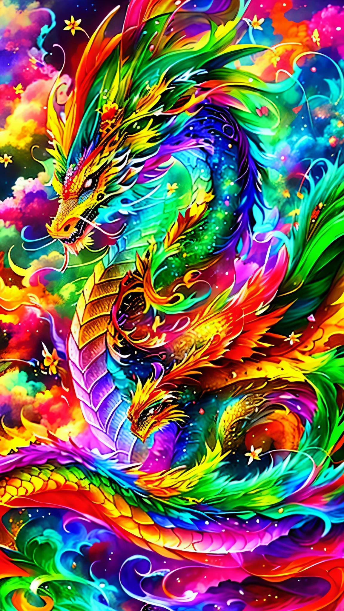 Close up of a dragon with a flower on its head, Very complex and colorful, Majestic Japanese Dragon, Chinese mythology, Chinese Dragon concept art, Lung Dragon, A colorful and exquisite masterpiece, phoenix dragon, A complex and colorful masterpiece, Fire-breathing dragon in the sky, Chinese Dragons fighting, Chinese Dragon, Awesomely detailed color art, Dragon Art, Highly detailed and colorful, Highly detailed and colorful