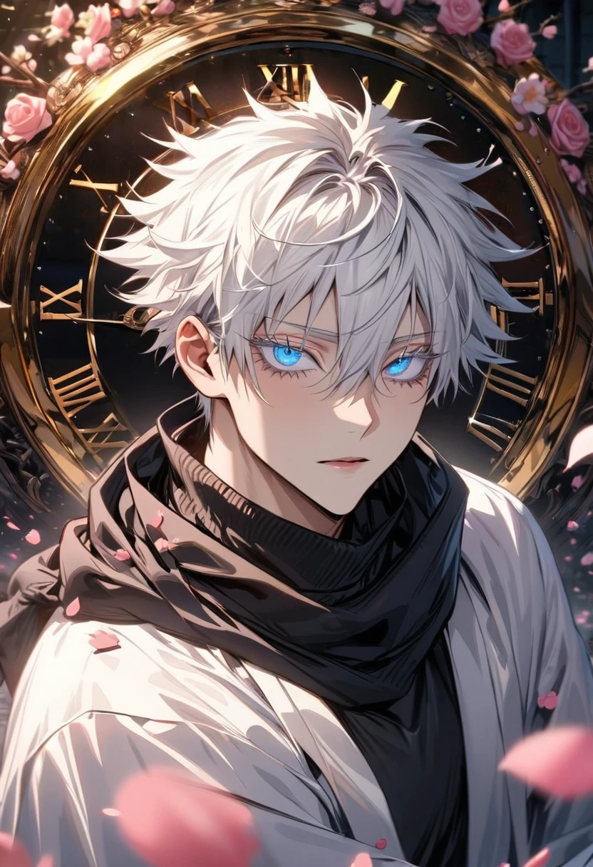 absurdres, highres, ultra detailed, HDR, masterpiece, extremely detailed face and eyes, perfect face, beautiful eyes, delicate features, Gojo Satoru, white hair with bangs, hair between the eyes, expressive blue eyes, white eyelashes, Jujutsu Kaisen, solo, sexy man, handsome, black scarf, white haori, tight black turtleneck shirt, pink roses, blossoms, petals, in woderland, clock