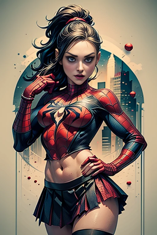 Kristen Bell、stick out the navel、new york、She&#39;s wearing a torn Spider-Man suit,Wearing a skirt、 Red and black color scheme,dynamic、masterpiece、highest quality、Ultra-detailed、Very detailed、Beautiful sparkle in the details、超A high resolution