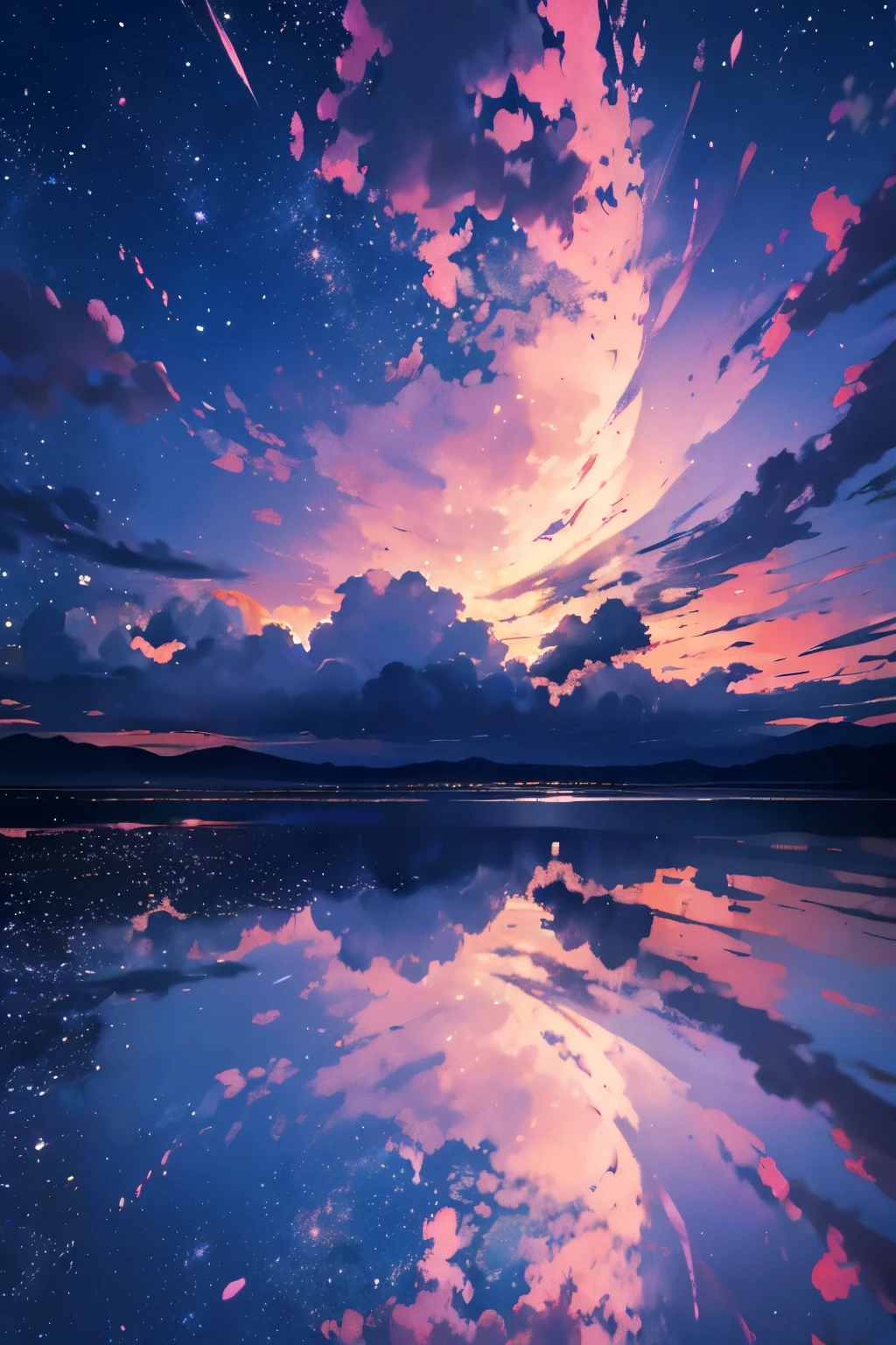 manages a spectacular anime-style image of a sky seen below, at night, with beautiful galaxies and few clouds, dark sky.