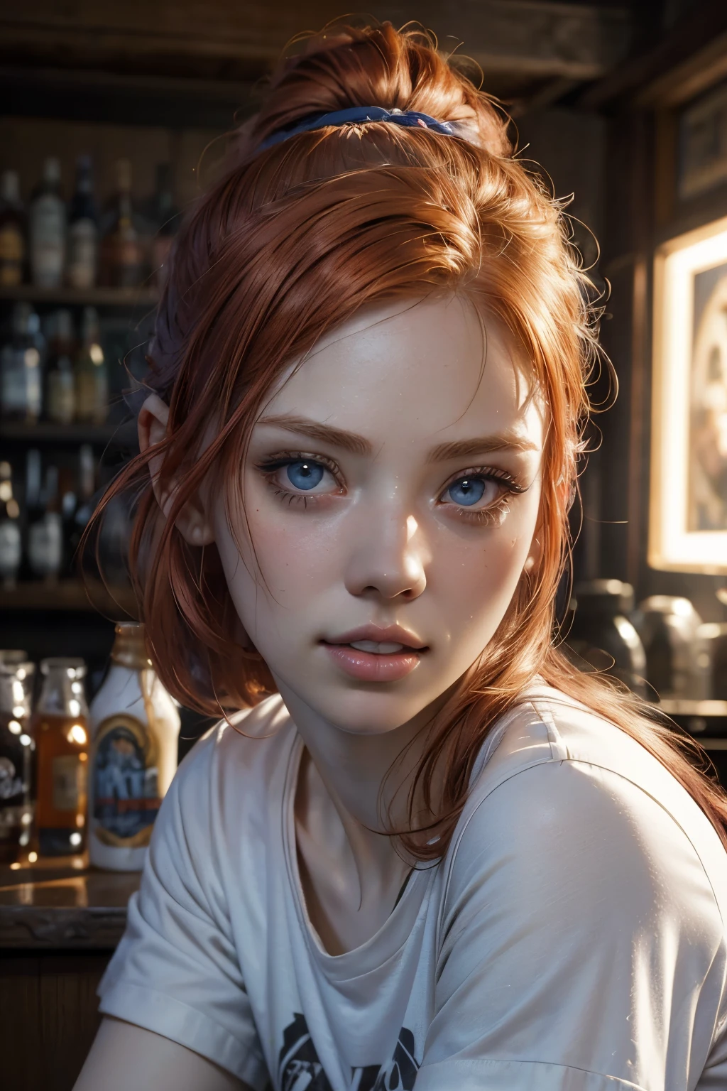 light mid redhead hair with ponytail , vibrant blue eyes, white pale skin, portrait, rocker clothes, pub scene, High detail RAW colored art, (detailed skin, skin texture), (muscle), intricate details, fine details, hyperdetailed, ray tracing, subsurface scattering, diffuse soft lighting, red and blue spotlight, by Jeremy Mann, Greg Manchess, Antonio Moro, trend at ArtStation, trend at CGSociety, Intricate, High Detail, Sharp focus, dramatic and photorealistic painting art by midjourney, bokeh in the background, Pub,  best quality, masterpiece, halfbody portrait, pub ambient, look at the viewer, white t-shirt, blue jeans pants, neon bar, country pub scenario, beer,