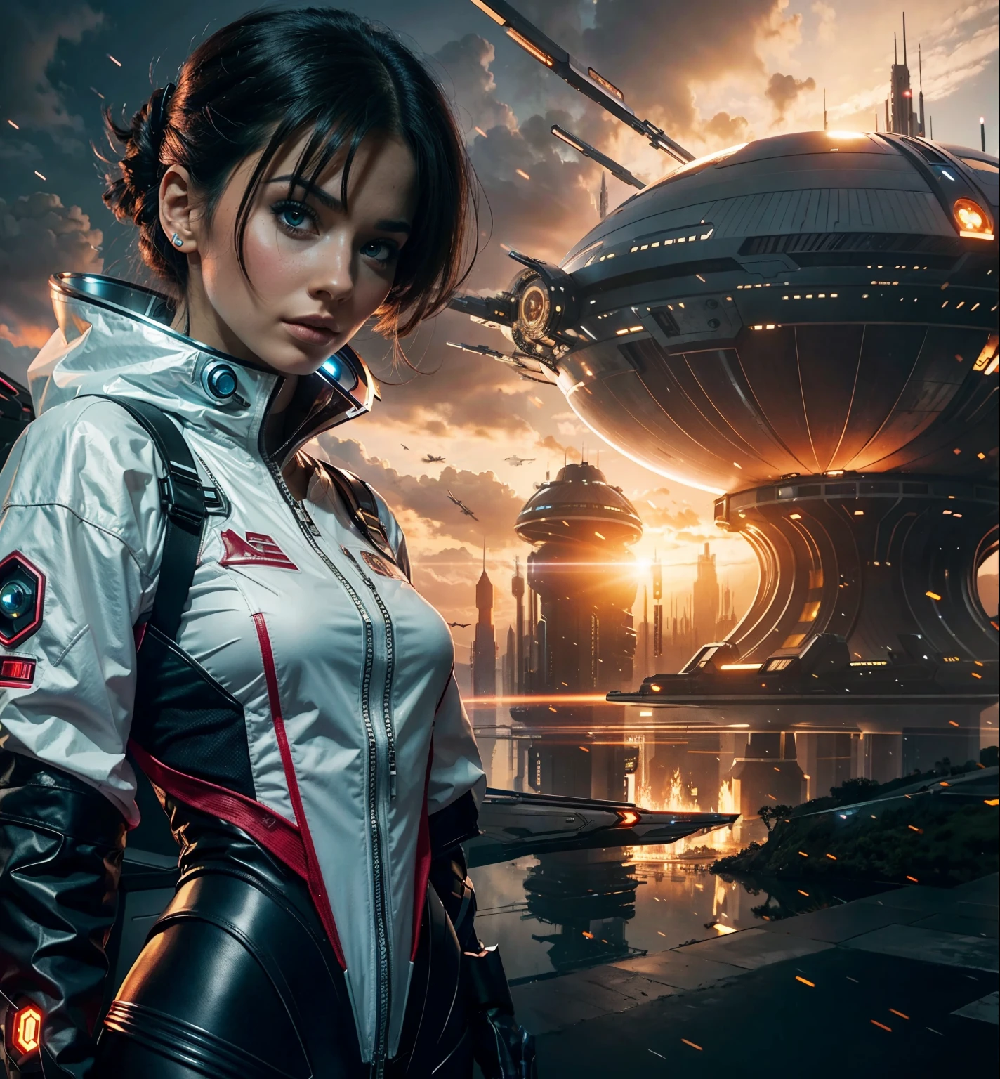 A beautiful cyber woman in front of some sci fi buildings in a sci fi scenary in another planet
