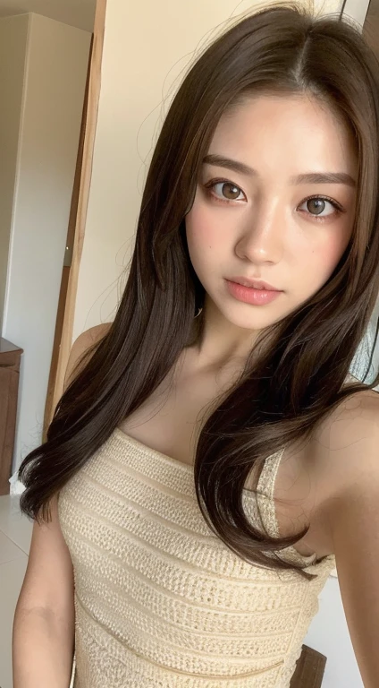 ((highest quality, 8k, masterpiece :1.3)), One girl, Beautiful woman with slim abdominal muscles :1.3, (Random Hairstyles :1.2), Oversized tank top :1.2, Highly detailed face, Fine grain, double eyelid, 脇の下highest quality, Face Focus, Soft Light, Ultra-high resolution, (Realistic:1.4), RAW Photos, 1 Japanese girl, alone, cute, (pupil, Light in your eyes), Beautiful face in every detail, (Small box),(High resolution detail of human skin texture), (Long Hair), indoor, Damask Shirt Dress, Brown haired gal