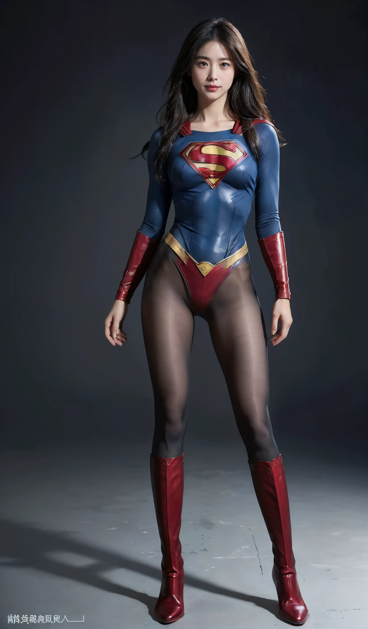No background、(((Beautiful legs in black tights.)))、(((Legally express the beauty of your smile)))、((((Make the most of your original images)))、(((Supergirl Costume)))、(((Beautiful Hair)))、(((suffering)))、(((Please wear black tights....、Wear red boots)))、((Best image quality、8K))、((highest quality、8K、masterpiece:1.3))、(((Preserve background )))、Sharp focus:1.2、Beautiful woman with perfect figure:1.4、Thin abdominal muscles:1.2、Wet body:1.5、Highly detailed face and skin texture、8K