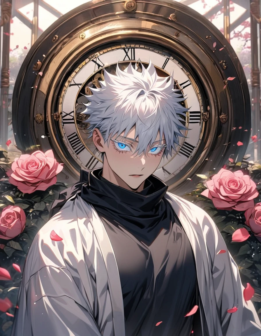 absurdres, highres, ultra detailed, HDR, masterpiece, extremely detailed face and eyes, perfect face, beautiful eyes, delicate features, Gojo Satoru, white hair with bangs, hair between the eyes, expressive blue eyes, white eyelashes, Jujutsu Kaisen, solo, sexy man, handsome, black scarf, white haori, tight black turtleneck shirt, pink roses, blossoms, petals, in woderland, clock