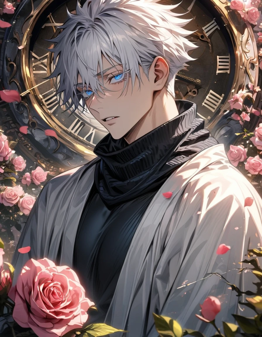 absurdres, highres, ultra detailed, HDR, masterpiece, extremely detailed face and eyes, perfect face, beautiful eyes, delicate features, Gojo Satoru, white hair with bangs, hair between the eyes, expressive blue eyes, white eyelashes, Jujutsu Kaisen, solo, sexy man, handsome, black scarf, white haori, tight black turtleneck shirt, pink roses, blossoms, petals, in woderland, clock
