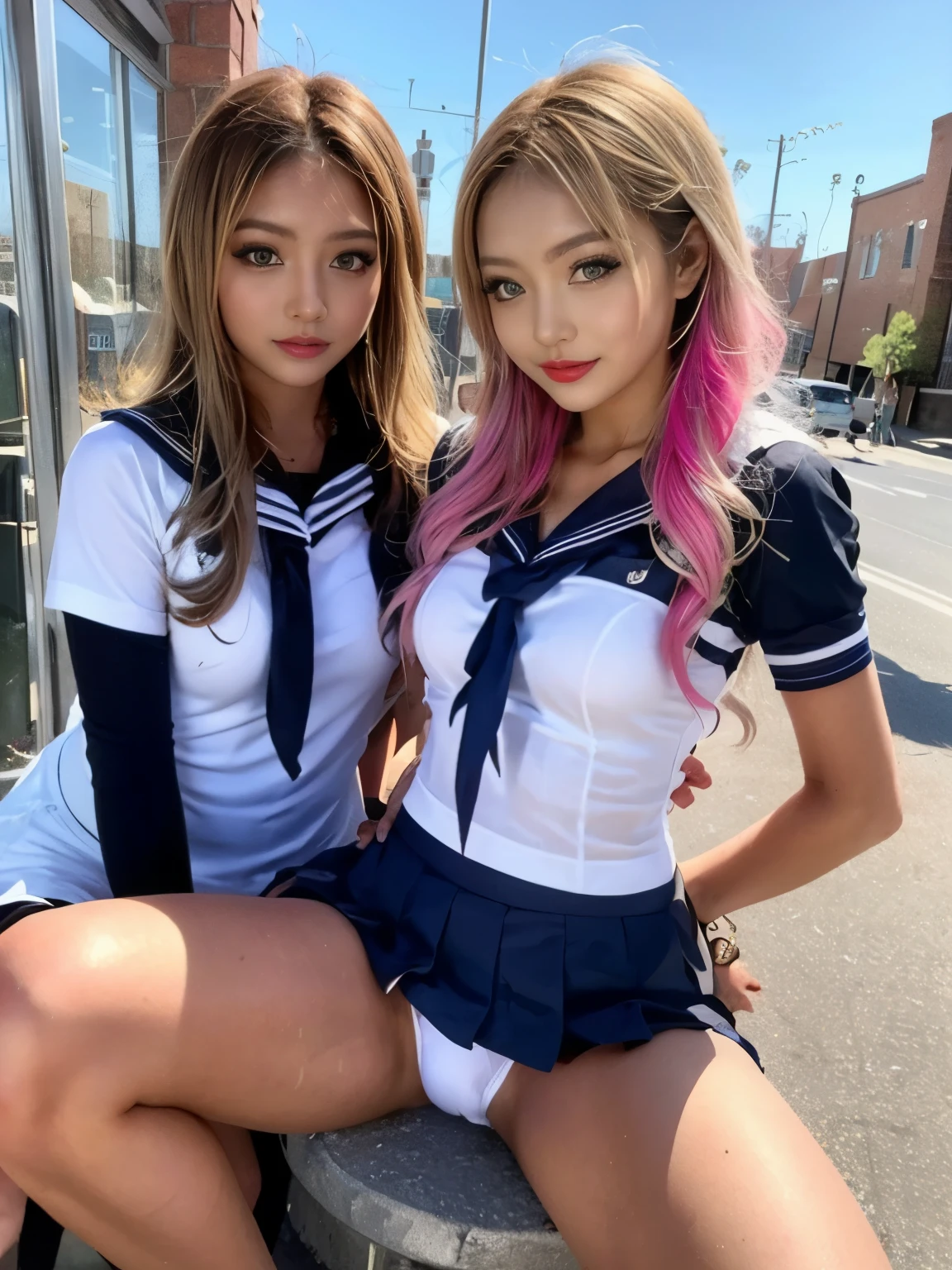ミニスカートを履いたTwo peopleの女子高生:1.9,((Two people high school girl:2)),((Two people:2)),Dynamic Angle, Perfect body, night,moonlight,Exterior lights,Gal, (Anatomically correct),masterpiece, highest quality, RAW Photos, Realistic, face,, Beautiful girls, cute, Written boundary depth, High resolution, Super detailed, detailed, ighly detailedd, Extremely detailed eye and realistic student, pale and tanned skin,Two peopleで,woman,(panties), (Short-sleeved sailor uniform:1.4),Spread your legs,Wide Hips, ((Sensual;1.5)), Glamour, Big Breasts,Sunburn marks on tanned skin,Pink Hair,blonde,Platinum Hair,Brown Hair,orange,Wavy Hair,Shortcuts,Pixie Cut,Cosplay,building,intersection,stage,Pedestrian bridge,vending machine,night,深night,Blurred Background:1.2,White panties,Pink panties,Yellow panties,Black panties,GirlTwo people:2,Two people:2, high school girl,