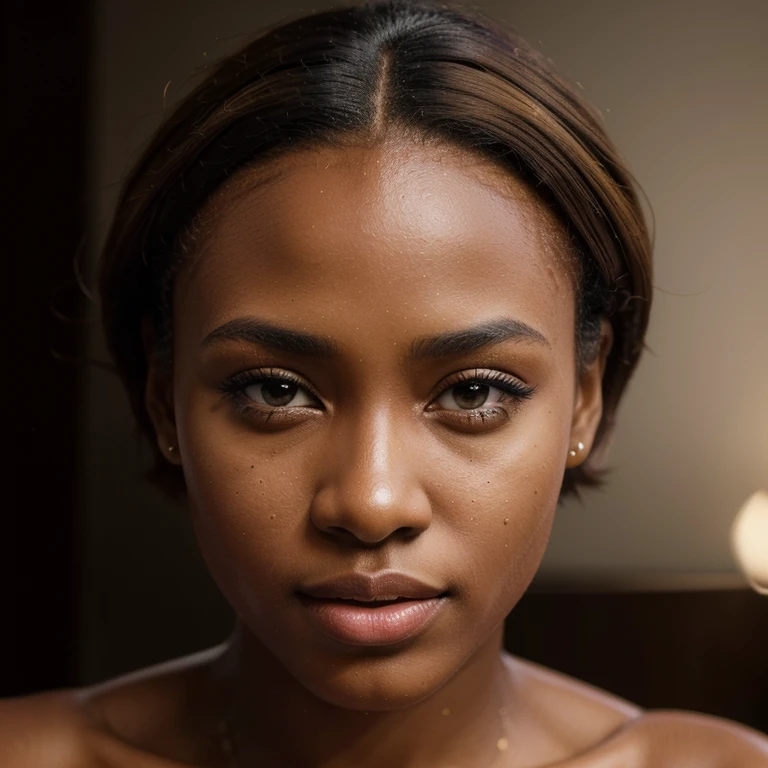 (best quality,4k,8k,highres,masterpiece:1.2),ultra-detailed,realistic,beautiful African girl with dark brown skin,brown eyes,short blonde hair and thin plump lips,illustration,studio lighting,vivid colors.