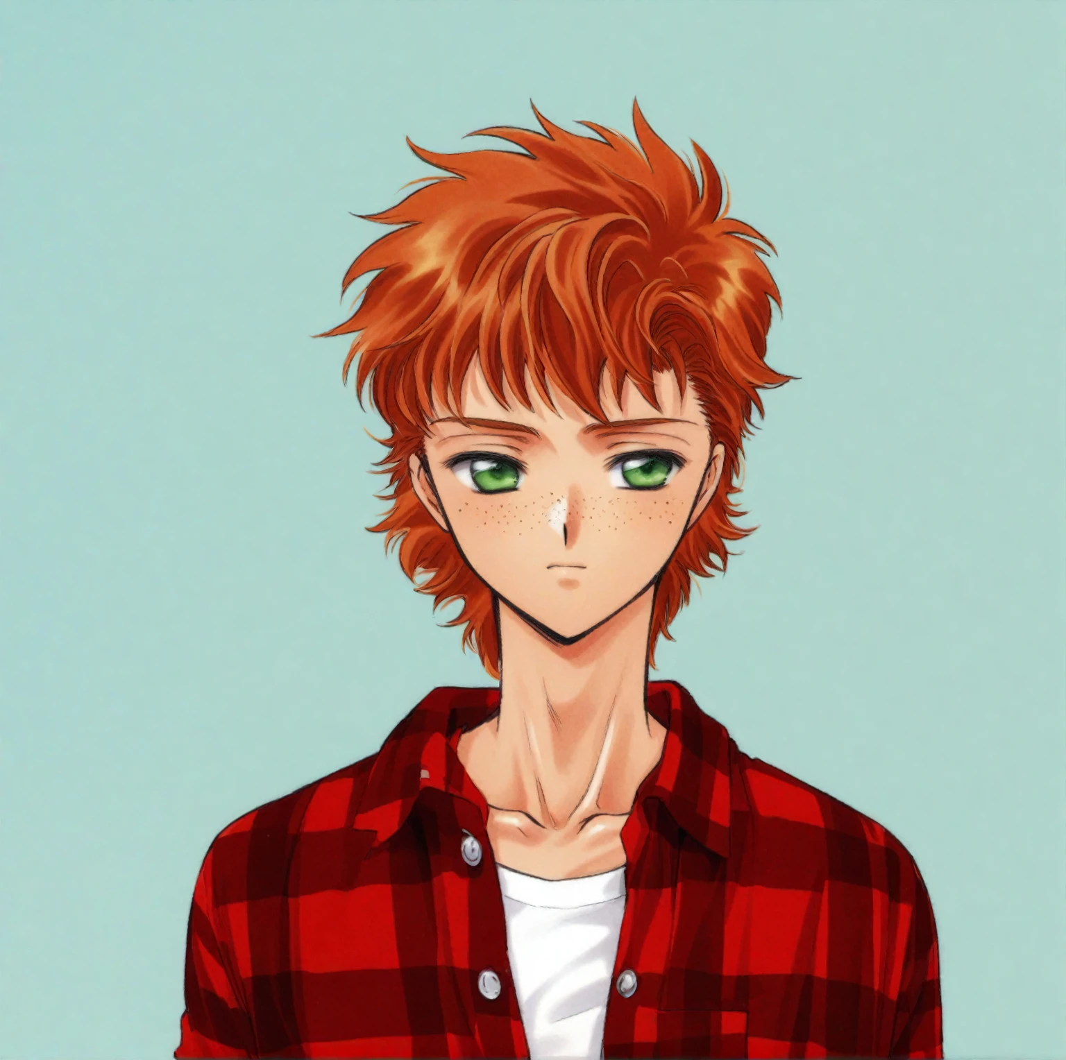 cute 12-years-old ginger irish kid boy, freckles, red plaid shirt, athletic physique, strong body, CLAMP style