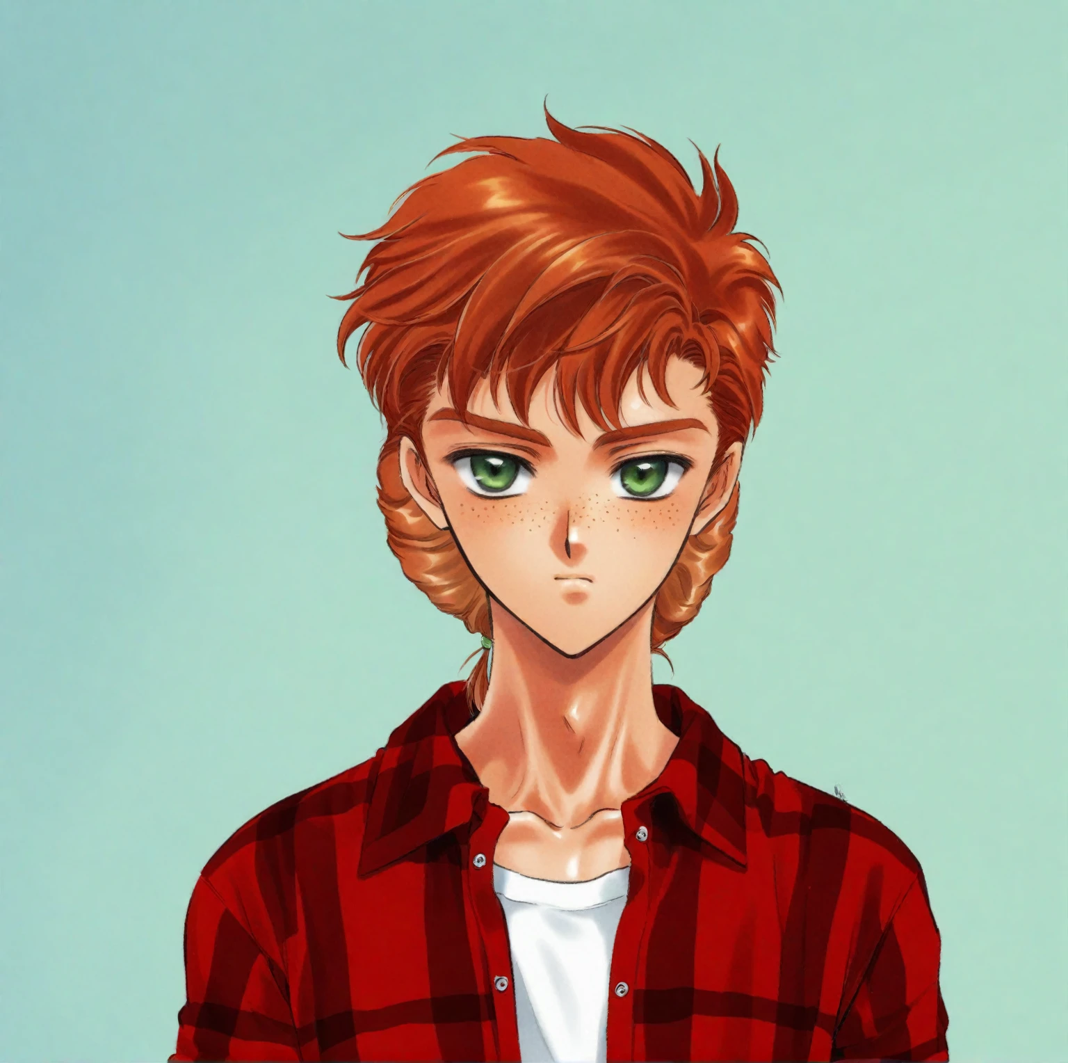 cute 12-years-old ginger irish ??? boy, freckles, red plaid shirt, athletic physique, strong body, CLAMP style