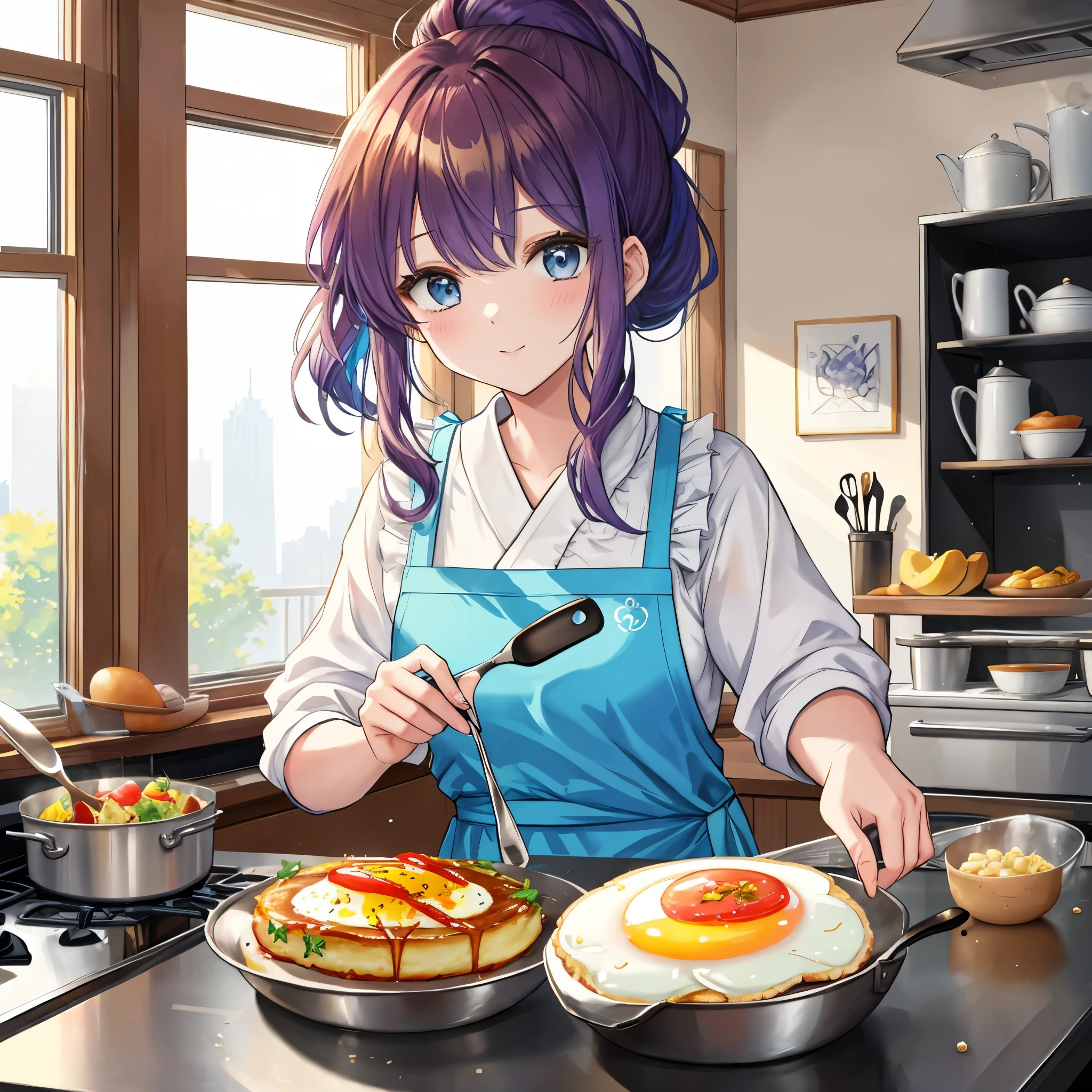 {
"Theme": "**My wife preparing breakfast**",
"Number of Characters": "**One**",
"Character Personality": "**Bright and active personality who loves to cook**",
"World View": "**Fusion of anime and manga, breakfast scene at a cafe**",
"Body Type": "**Slim and feminine body type**",
"Kemomimi and Tail": "**None**",
"Costume": "**Casual cooking clothes with an apron, her apron has cute patchwork she made by hand**",
"Costume Color": "**Combination of pastel colors**",
"Hairstyle": "**Brown hair tied in a ponytail**",
"Hair Color": "**Mainly brown, with a little gradient of gold and blue**",
"Presence and Details of Wings": "**None**",
"Props": "**Cooking tools (frying pan, whisk, etc.)**",
"Emotion": "**A face that enjoys cooking**",
"Movement": "**Making breakfast (for example, breaking an egg into a frying pan)**",
"Perspective": "**Character in the foreground, interior of the cafe in the background**",
"Composition": "**Character in the center, surrounding elements balanced**",
"Background": "**Inside of a cafe, cityscape visible from the window**",
"Background Color": "**Mainly blue, with light blue and silver added as sub-colors**",
"Lighting": "**Morning natural light coming in from the window**",
"Style": "**High-resolution official artwork, or very detailed and elaborate fan art style that is trending on ArtStation or Pixiv. Please refer to the original paintings of Kusuhara Krentz, feminine style, Fate style, Enako style, Nozomi Sasaki style, Kanna Hashimoto style. Also incorporate real anime 2.5D style or real anime girls style**",
"Quality Improvement": "**Aiming for absurd, highest quality, real, hyper-real, ultra-detailed illustrations using the golden ratio 1.2 and drafting board 1.3. Create a beautiful masterpiece with a large file size created in 64K ultra-high resolution. The resolution of the face is also high, and the lighting is perfectly finished. The resolution is 8K, ultra-high resolution: 1.2, selectabl