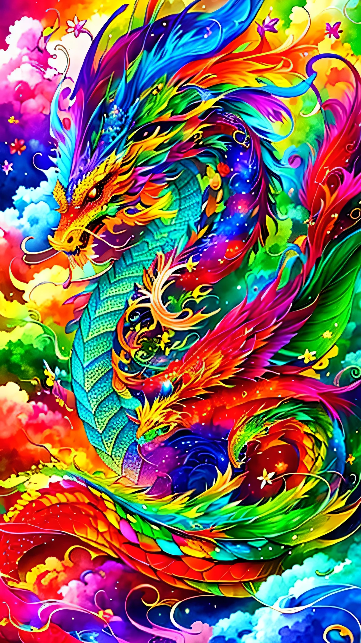 Close up of a dragon with a flower on its head, Very complex and colorful, Majestic Japanese Dragon, Chinese mythology, Chinese Dragon concept art, Lung Dragon, A colorful and exquisite masterpiece, phoenix dragon, A complex and colorful masterpiece, Fire-breathing dragon in the sky, Chinese Dragons fighting, Chinese Dragon, Awesomely detailed color art, Dragon Art, Highly detailed and colorful, Highly detailed and colorful