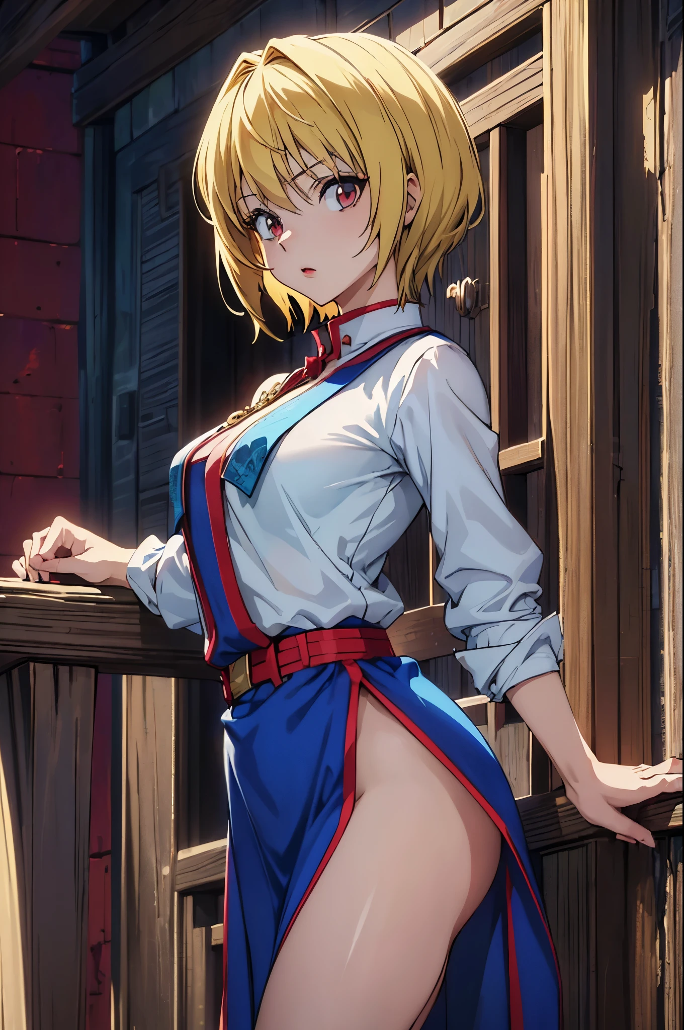 (masterpiece, best quality:1.2), expressive eyes, perfect face, highres, 1girl, solo, (female:1.5), Kurapika, red eyes , blonde hair, medium hair, blue tabard, white shirt, lipstick, shadow eyes, standing, cowboy shot, looking at the viewer
