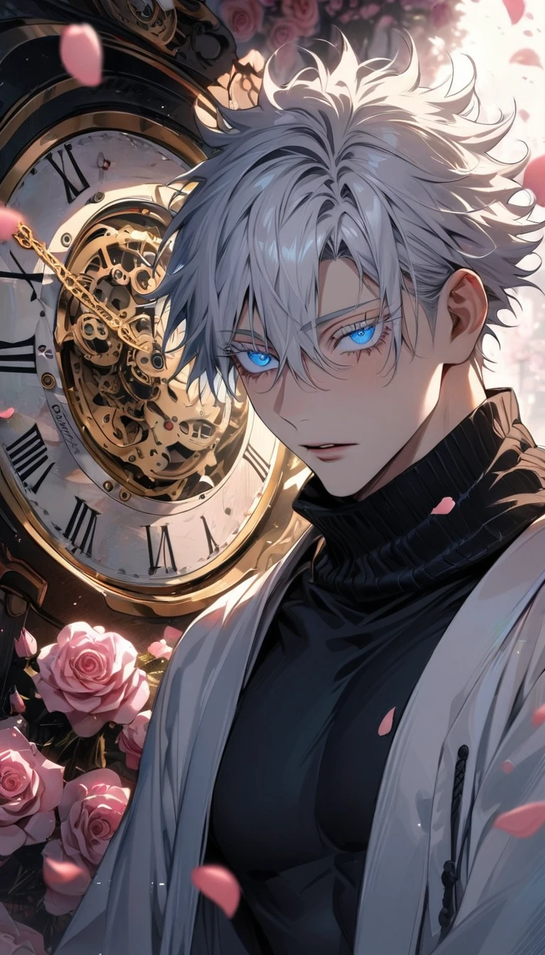 absurdres, highres, ultra detailed, HDR, masterpiece, extremely detailed face and eyes, perfect face, beautiful eyes, delicate features, Gojo Satoru, white hair with bangs, hair between the eyes, expressive blue eyes, white eyelashes, Jujutsu Kaisen, solo, sexy man, handsome, black scarf, white haori, tight black turtleneck shirt, pink roses, blossoms, petals, in woderland, clock