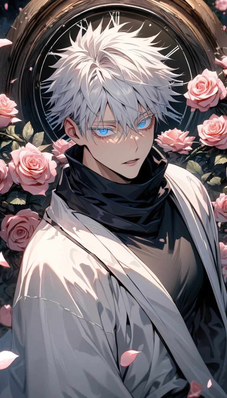 absurdres, highres, ultra detailed, HDR, masterpiece, extremely detailed face and eyes, perfect face, beautiful eyes, delicate features, Gojo Satoru, white hair with bangs, hair between the eyes, expressive blue eyes, white eyelashes, Jujutsu Kaisen, solo, sexy man, handsome, black scarf, white haori, tight black turtleneck shirt, pink roses, blossoms, petals, in woderland, clock