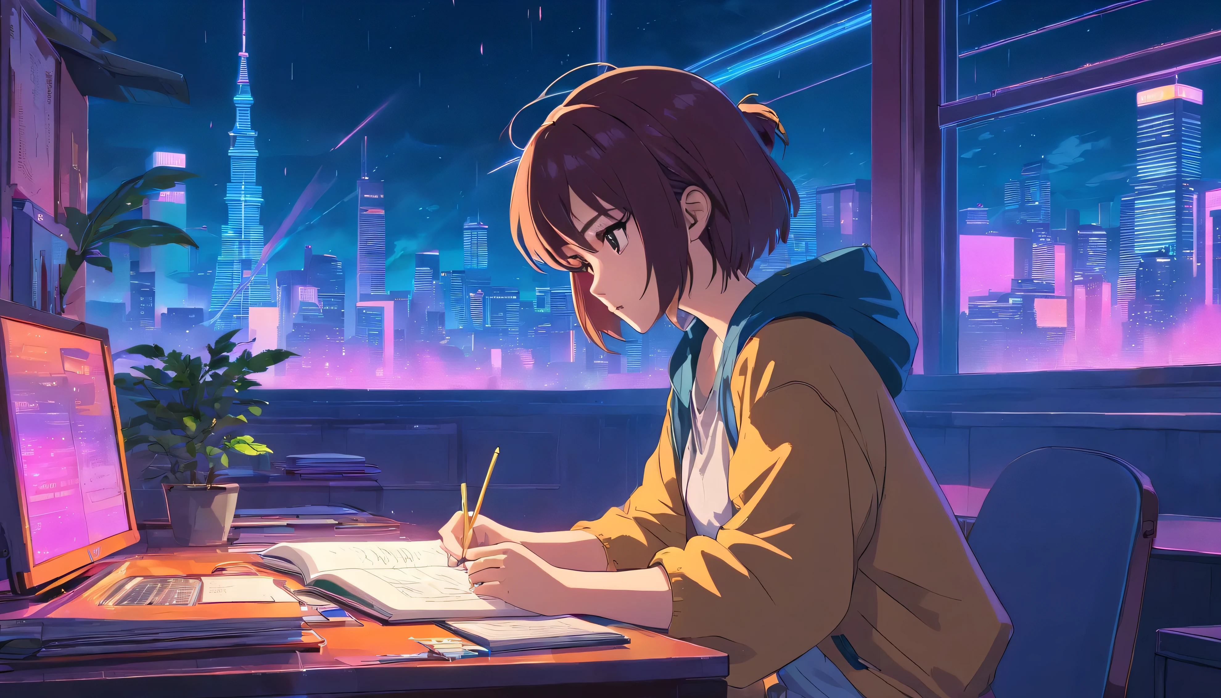 (zero), Girl studying in room, Reading a book, Wear headphones, , Night lighting, Neon scenery on a rainy day,Analog Color Theme, Lo-fi hip hop , review, flat, 2.5D ,Draw a line, Ink drawing, Large slope, Watercolor, Goosh Colors, Studio Ghibli style, Great colorful, Outerton, Synthwave, Lofi Art,90s Style,Old Texture, amplitude,90s vibe, Tabletop, Great technology, 16:9 Scale