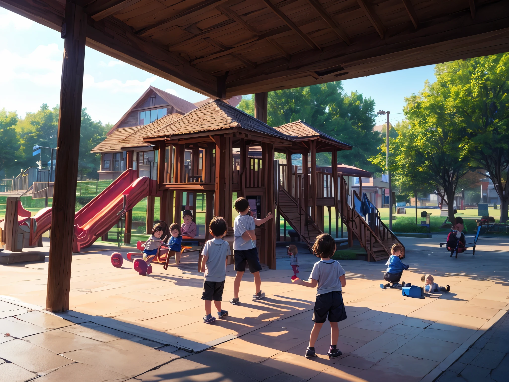 (high quality,4k,8k,high-res,masterpiece:1.2),ultra-detailed,(realistic,photorealistic,photo-realistic:1.37),children playing in a park with playground equipment, swings, slides, seesaws, playground, parents sitting and watching their children play, highly detailed HD, 3D, cinematic lighting, award-winning photo