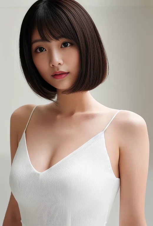 ((Top Quality, 8k, Masterpiece: 1.4)), japanese woman, ((blush, very short bob cut, skinny:1.2)), ((30 years old:1,2)), ((looking at viewer:1.4)), see through white tank top, naked