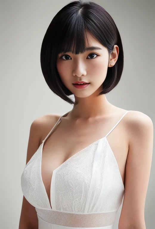 ((Top Quality, 8k, Masterpiece: 1.4)), japanese woman, ((blush, very short bob cut, skinny:1.2)), ((30 years old:1,2)), ((looking at viewer:1.4)), see through white tank top, naked