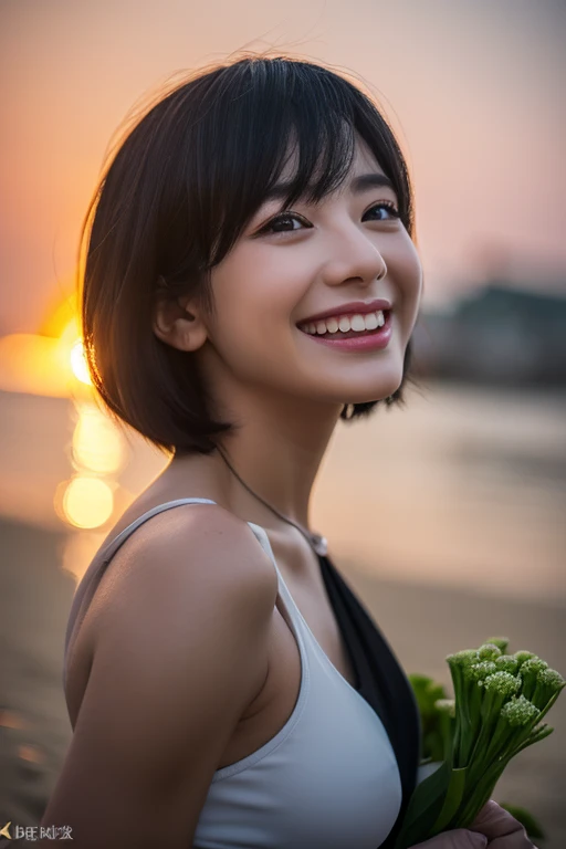 beautiful(highest quality、8k、32k、Masseter muscle area、Hmph:1.2)、profile、(Slim figure:1.2)、(Lips) 、Holding a bouquet、19 years old、(Short Bob Hair:1.3)、Cosplay、double eyelid、Glowing Skin、Realistic Layer、beautiful顔、(Laughter:1.3)、squat、(From above:1.2)、(Close-up:1.4)、Blurred Background、(Front Focus)、(dark: 1.6)、Summer sea、beach、Sunset、Photorealistic、Professional Lighting、Highly detailed face、Awards、Deep Shadow、cheer leading