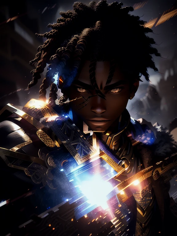 An (African-American) male, with dark (black dreadlocks), dark (brown skin), golden eyes, demonic (prince), (young) assassin, (black) assassin garb, holy (half-demon), (Anti-hero), (Mage) assassin, (Sci-fi) fantasy, (close-up shot), perfect composition, hyper-detailed, 8K, high quality, (perfect eyes), sharp focus, studio photo, intricate details, (action) pose, 1boy