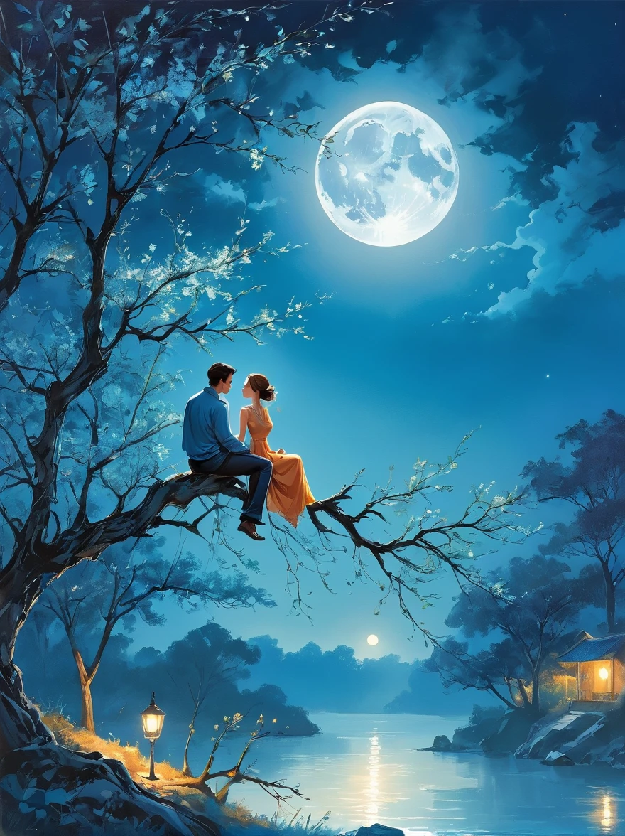 Romantic modern style，night，Backlight，A man and a woman sitting on a tree branch，There is a full moon behind，Alexander，repeat，Fresh colors，Soft colors，Diode lamp，Concept art style，Extremely complex details，Clear distinction between light and dark，layered，Ultra HD