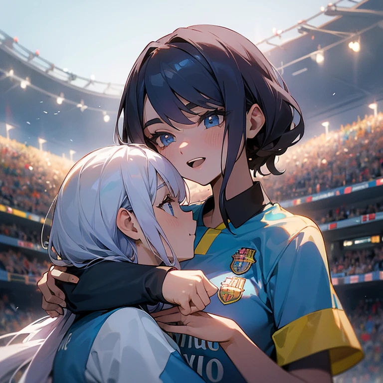 ( caras hermosas) The Barcelona women's soccer team celebrates its victory , contra el madrid en la cancha de fondo, uniforme azul rey