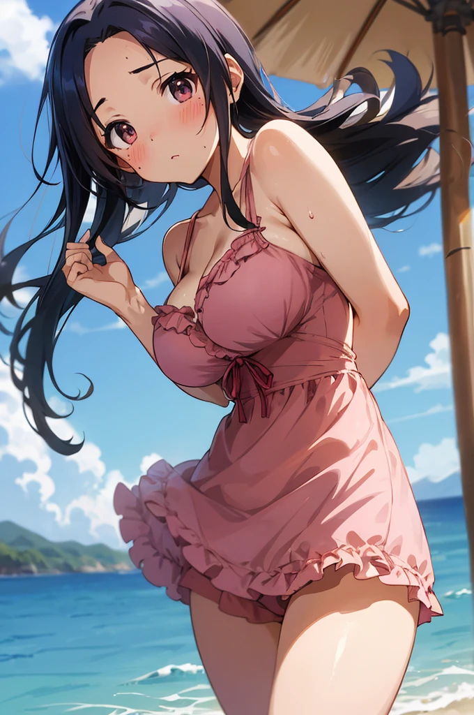 (magnificent idol dress, low-rise shortpants), (8K, masterpiece, Top Quality, highres, RAW photo, professional illustration, ), (idolmaster anime), (detailed smooth (light-skinned), radiant skin), best proportion:1.3, perfect hands, perfect fingers, perfect anatomy:1.5, sweat, in heat, ((miura azusa)) having open stance model pose:1.5), (from below) (beautiful drop-shaped breast), (hanging down breast), (extremely beautiful half-open eyes:1.3), (daytime bluesky (beach:1.3)), (blush spoken-heart:1.45), (pubic-hair:1.2)