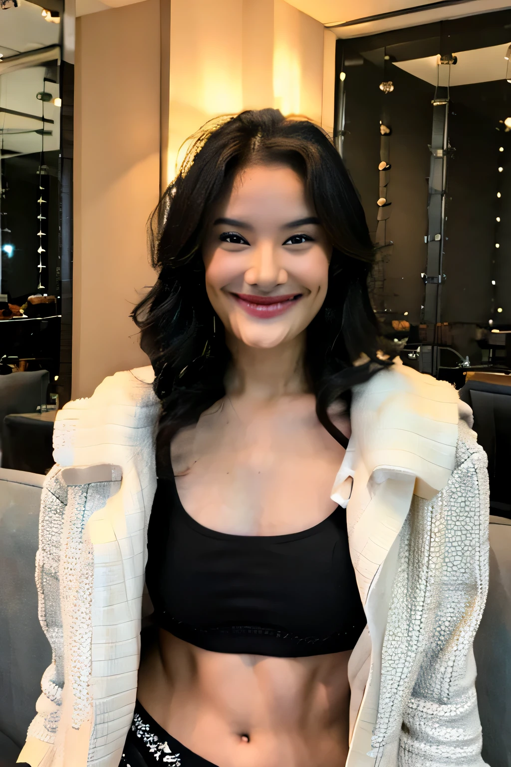 Messy hair, underwear, black bra, Jacket, smile, massive tits
