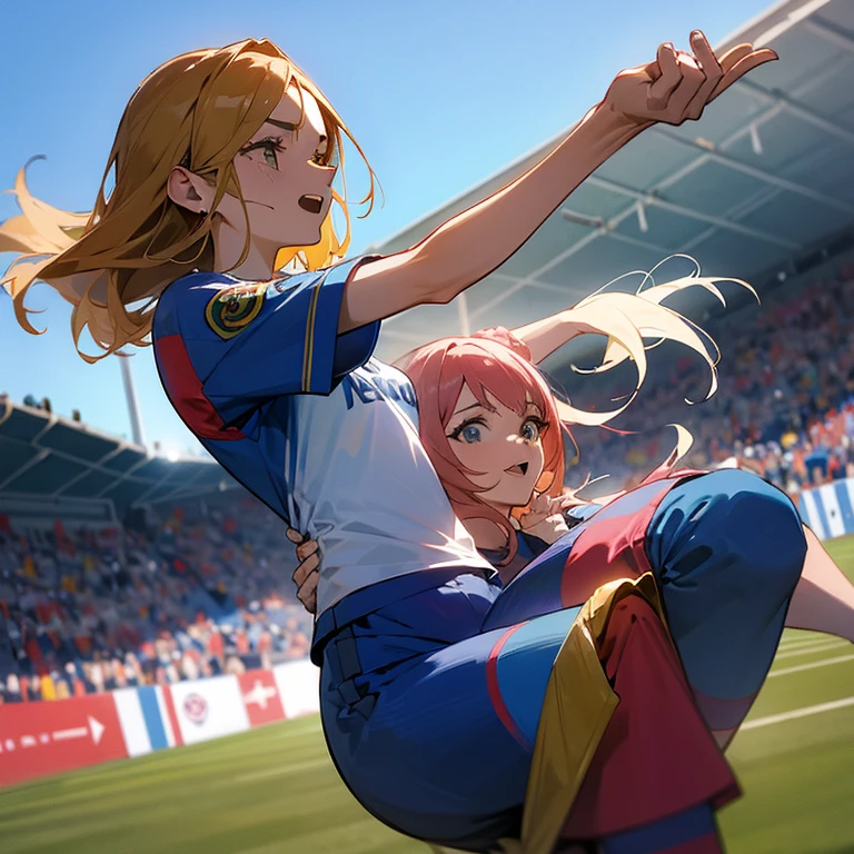 ( caras hermosas) The Barcelona women&#39;s soccer team celebrates its victory , contra el madrid en la cancha de fondo,  uniforme azul rey 