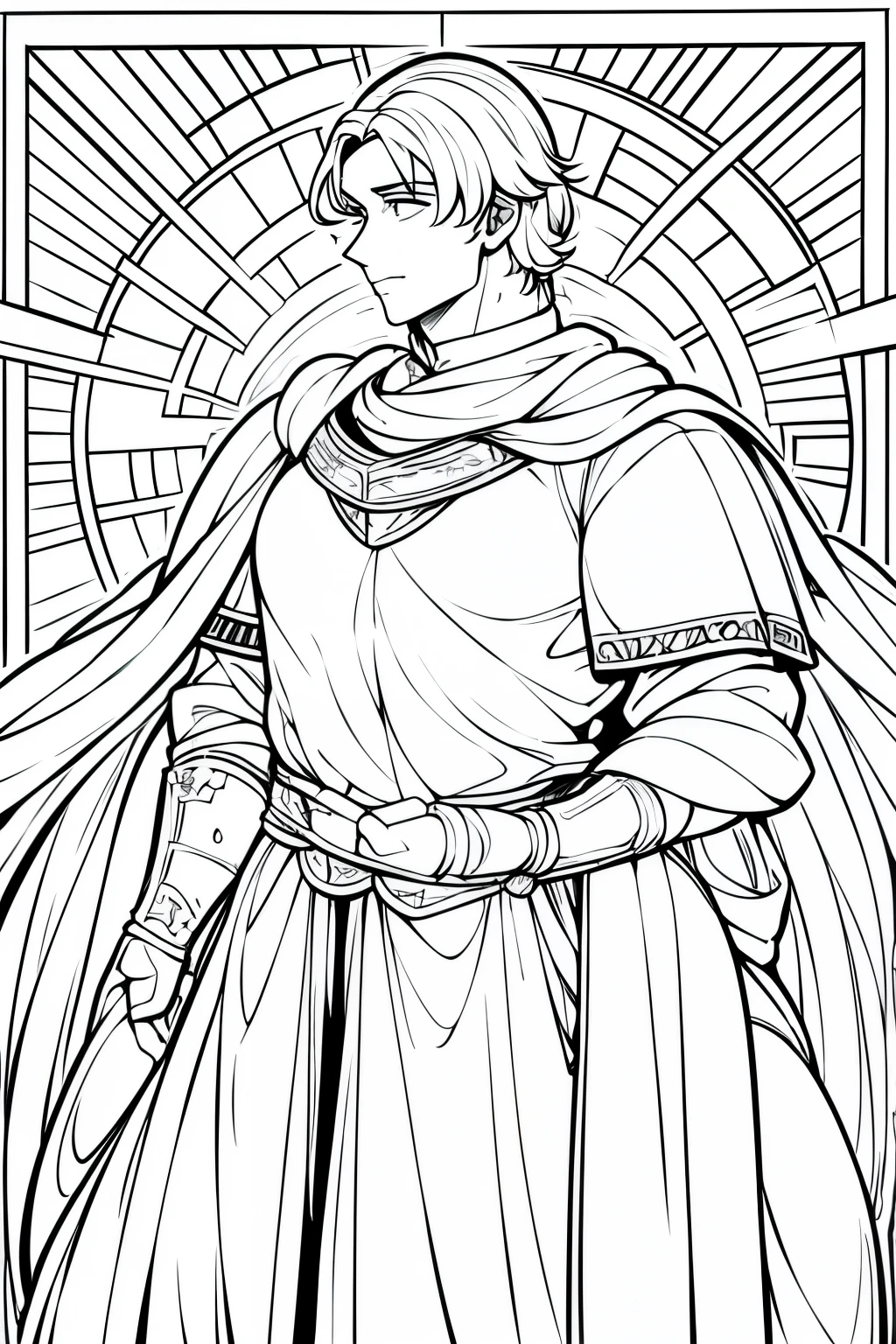 Craft a charming coloring page showcasing a gallant young knight in classic medieval attire. With his noble demeanor and sturdy armor, he embodies the timeless spirit of chivalry. The lines should be clean and sharp, accentuating his confident stance and youthful energy. His hair, neatly styled, frames his face with a touch of elegance. The simplicity of the design allows ample space for artists to add their own colorful interpretations, making it an engaging project for enthusiasts of all ages.