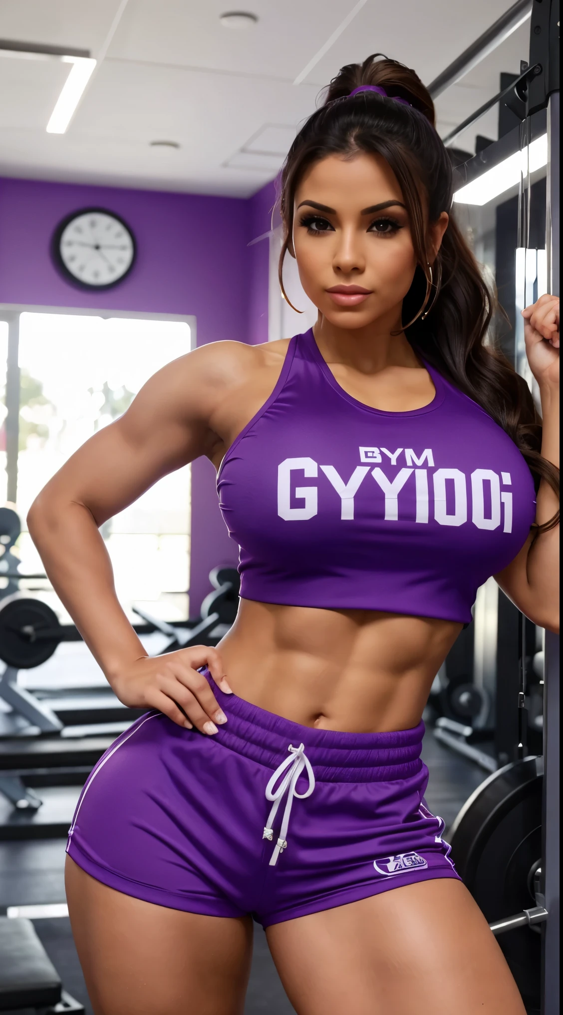 Woman {latina, bimbostyle, athletic body, big ass}, purple gym TOP {with logo}, purple gym shorts, in a gym, looking at viewer