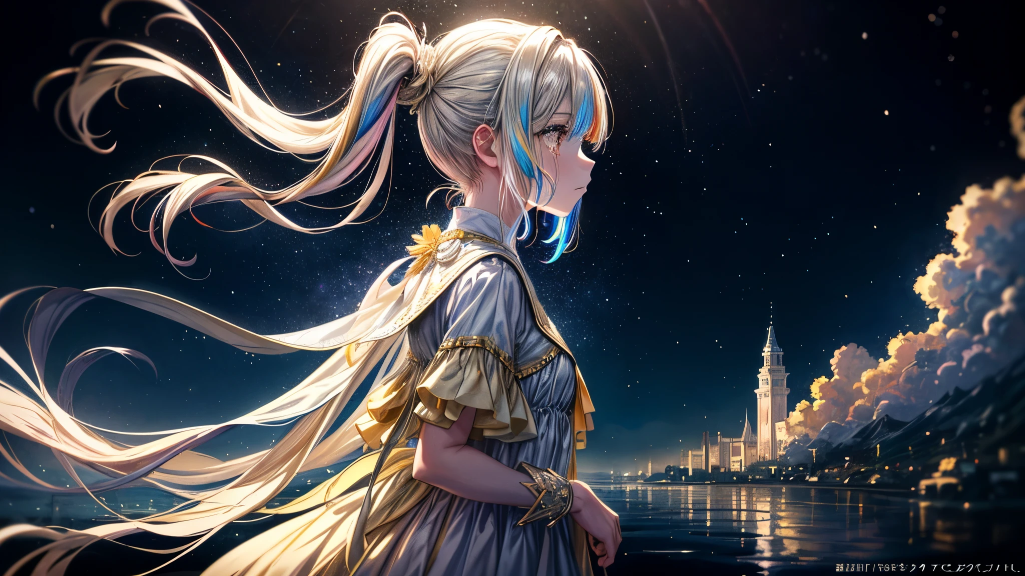 ((A pale yellow supergiant moon shines in the subjective portrait of a girl looking at her profile.))、((A crying girl is depicted against a multicolored background.))、Profiles of Girlasterpiece of Art、Scene of a river with stars and moon in the rainbow sky、Brilliant skyscrapers、Radiates in all aspects、Concept art inspired by Mitsuoki Tosa、Winners of Pixiv contest、Of high quality、Fantasy,
A beautiful and detailed painting of a girl's profile, as she contemplates her own reflection. The backdrop showcases a breathtaking scene of a river, adorned with shining stars and