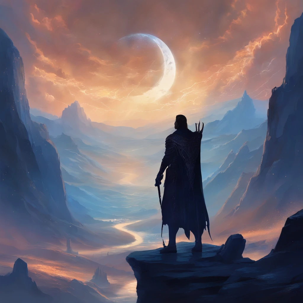 ein Bild eines Kriegers, eroberte seinen Geist, Silhouette, Kriegsszene, dark and gloomy, profilbild, blaue berge