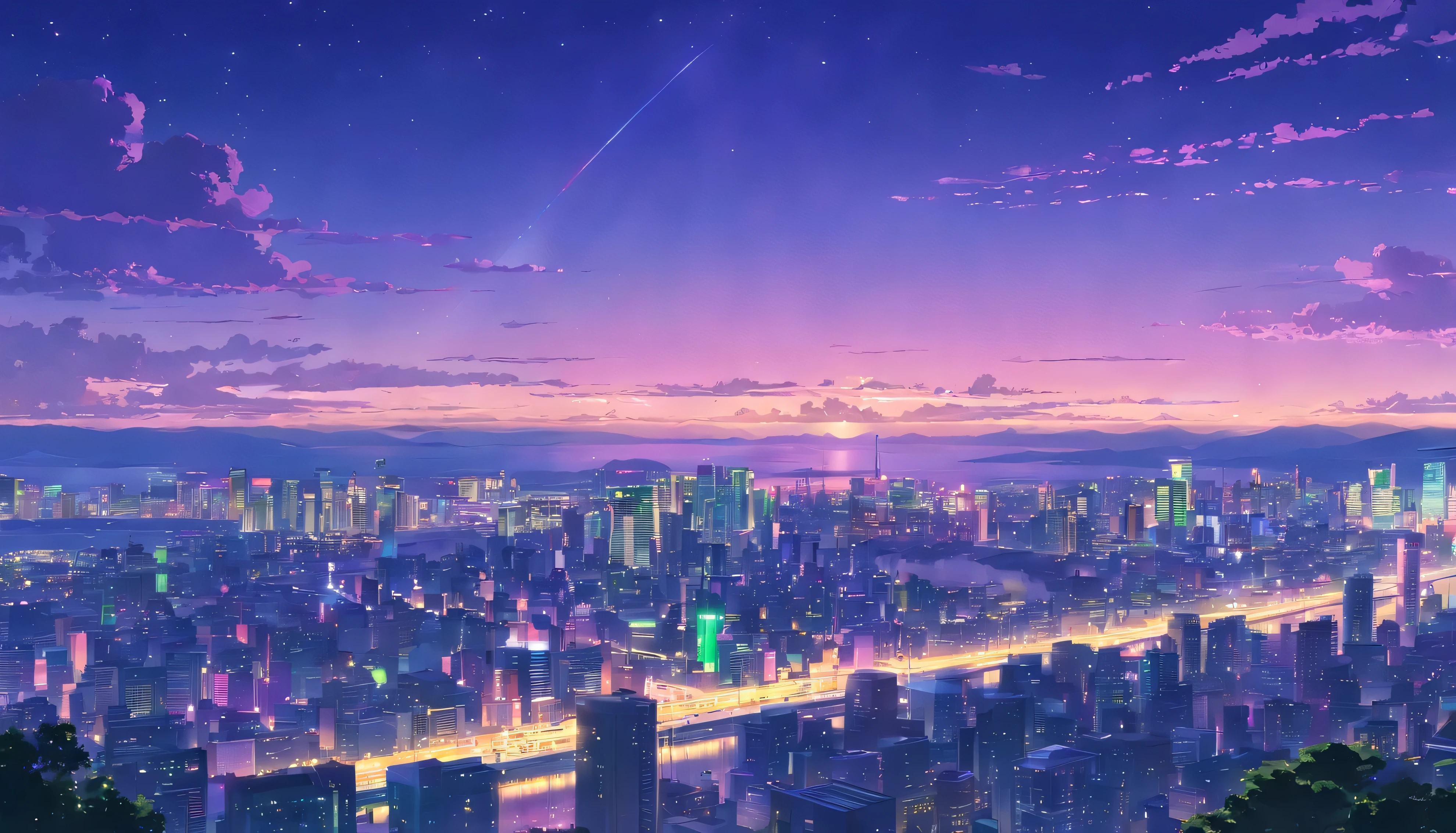 City night view overlooking the purple sky