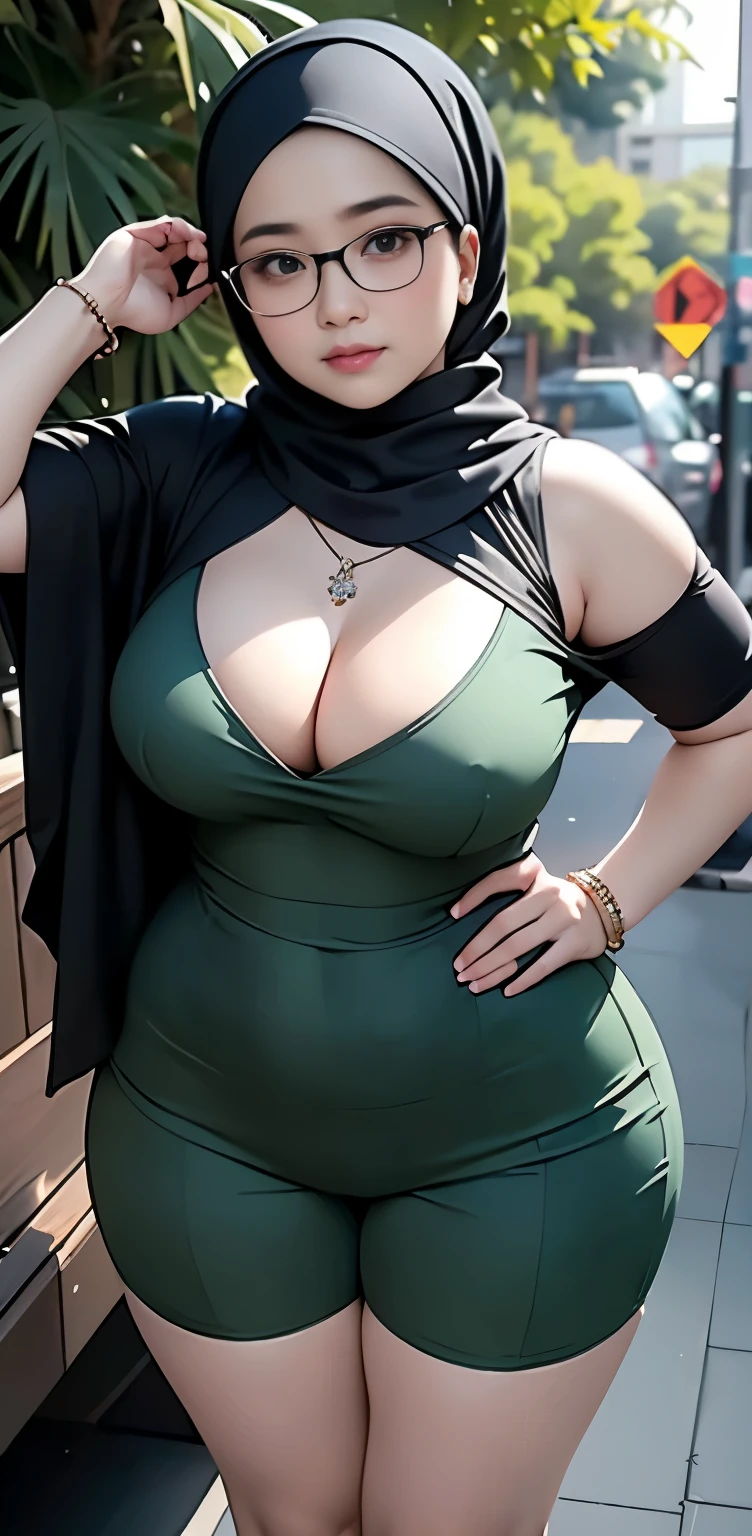 1 malay girl, modern plain hijab, shy, medium portrait, watery eyes, wearing dark green kebaya, ((big breasts)), black bokeh background, well-proportioned body,, chubby massive thighs, full body pose, wearing a necklace , wearing 10 bracelet , wearing a sneaker , glasses  , wet armpits , show her armpits 