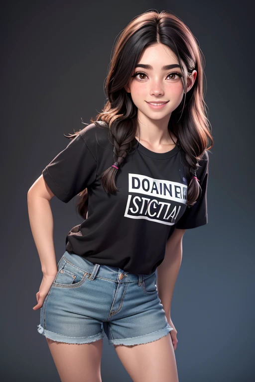 obra maestra, mejor calidad, uno , pelo largo y negro, con pecas en la cara, con una camiseta lila escrita en ella "dōTERRA", Sosteniendo una botella de aceite esencial, sonriente, De pie con un par de pantalones negros., con un cerezo al fondo