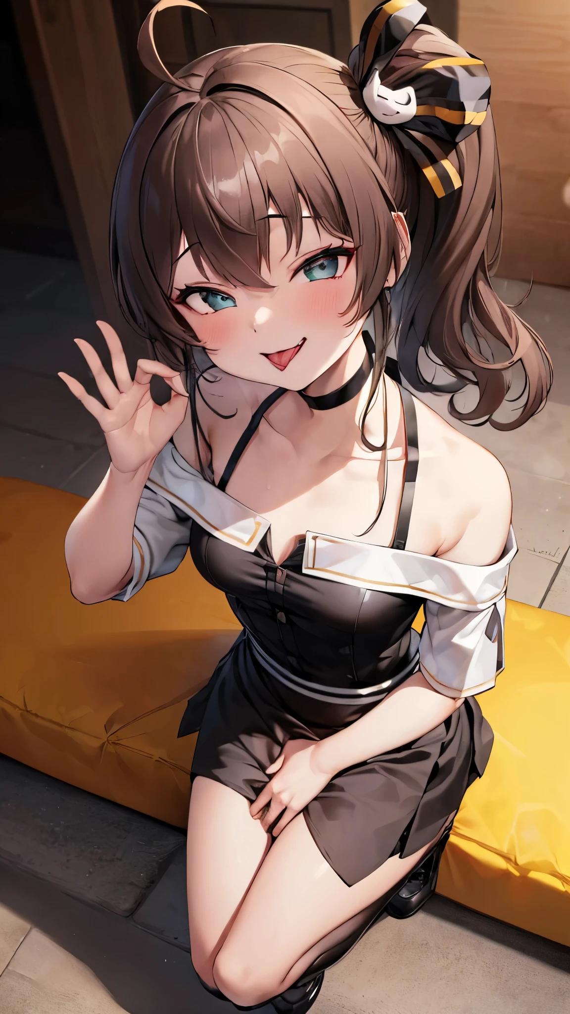  ((((Open your mouth))))、masterpiece,highest quality,High resolution,Ultra-detailed,bb Festival,meだium hair,skinny,Ahoge,Brown Hair,(((((  seductive smile ))))),skinny,Hair between the eyes,bangs,Hair Ribbon,Black Choker,Earrings,Black Ribbon,plaiだ shirt,Grey Shirt,shoulだer cutout,Short sleeve,See-through sleeves,Black Skirt,High Waist Skirt,race,perfect finger  ,  shoes下,(black shoes下:1.4),race trim,shoes,Black footwear,Indoors,(Cafe:1.2),((handjob gesture:1.5))、Sitting,Chair,heavy breathing ,