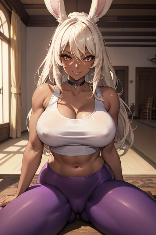 (masterpiece), best quality, highly detailed faces, (SHARP details), 4k, highly detailed, expressive eyes, SHARP detail expressive eyes, (SHARP detail perfect face), ((dark skin)), (bunny ears), (viera), ((platinum blonde hair)), (choker) amber eyes, long and wild hair, (mature woman), (big breasts), smiling, toned body, standing, (wearing white tank top), ((wearing purple yoga pants)), ((solo)), wide hips, (((view from front))), cameltoe, sitting, smile, midriff, sitting on chair, ((legs up)), (lifted legs), crotch focus, (lifting up legs),