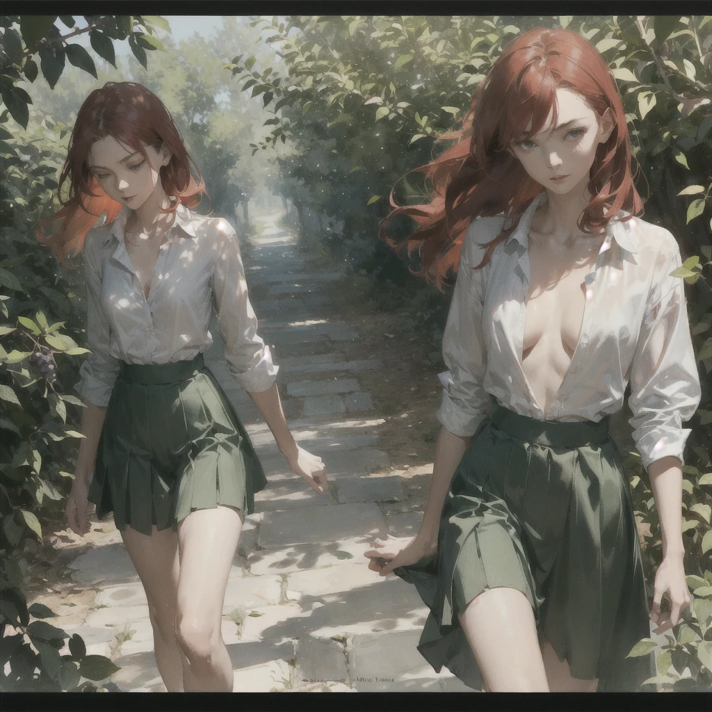 Beautiful slender thin exquisite (nude) girl with a perfect face of the southern type with red hair with tender breasts with tender nipples barefoot with bare hips ((with red pubic hairs)) ((in an unbuttoned, open light shirt over his naked body and in a short light green skirt)) walks along a brick road in the middle of a flowering field, in a gentle watercolor style, Discreet shades, sfumato, haze, diffused dim light, delicate mint shades, imitation of film photography, (olive and grape groves, Brick Road)