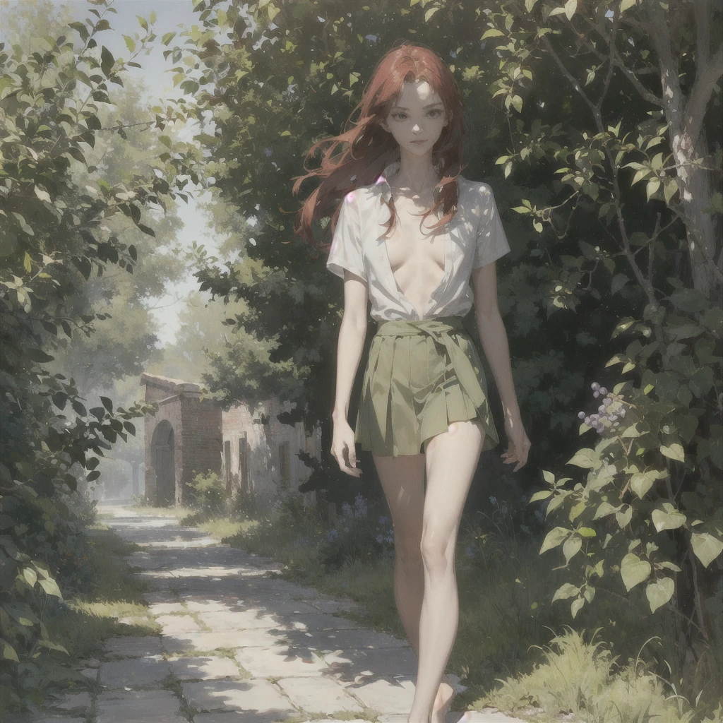 Beautiful slender thin exquisite (nude) girl with a perfect face of the southern type with red hair with tender breasts with tender nipples barefoot with bare hips ((with red pubic hairs)) ((in an unbuttoned, open light shirt over his naked body and in a short light green skirt)) walks along a brick road in the middle of a flowering field, in a gentle watercolor style, Discreet shades, sfumato, haze, diffused dim light, delicate mint shades, imitation of film photography, (olive and grape groves, Brick Road)