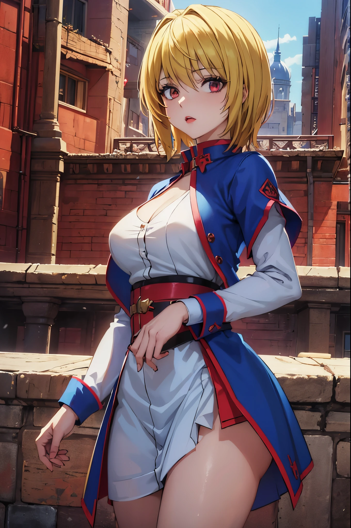 (masterpiece, best quality:1.2), expressive eyes, perfect face, highres, 1girl, solo, (female:1.5), Kurapika, red eyes , blonde hair, medium hair, blue tabard, white shirt, lipstick, shadow eyes, standing, cowboy shot, looking at the viewer
