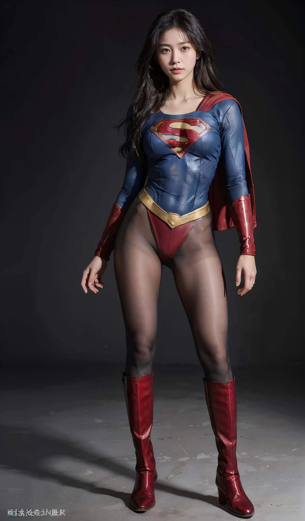 No background、(((Beautiful legs in black tights.)))、(((Legally express the beauty of your smile)))、((((Make the most of your original images)))、(((Supergirl Costume)))、(((Beautiful Hair)))、(((suffering)))、(((Please wear black tights....、Wear red boots)))、((Best image quality、8K))、((highest quality、8K、masterpiece:1.3))、(((Preserve background )))、Sharp focus:1.2、Beautiful woman with perfect figure:1.4、Thin abdominal muscles:1.2、Wet body:1.5、Highly detailed face and skin texture、8K