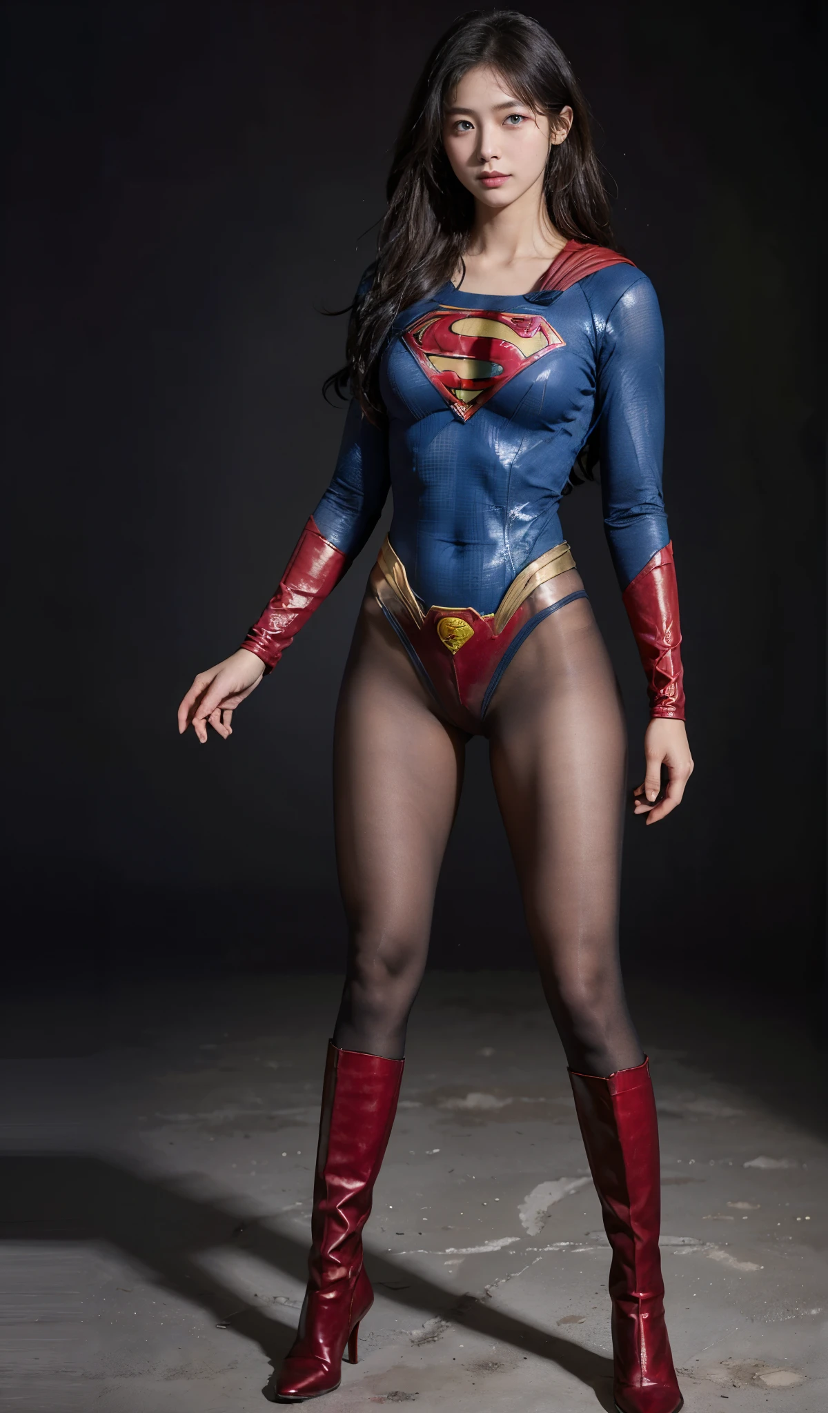 No background、(((Beautiful legs in black tights.)))、(((Legally express the beauty of your smile)))、((((Make the most of your original images)))、(((Supergirl Costume)))、(((Beautiful Hair)))、(((suffering)))、(((Please wear black tights....、Wear red boots)))、((Best image quality、8K))、((highest quality、8K、masterpiece:1.3))、(((Preserve background )))、Sharp focus:1.2、Beautiful woman with perfect figure:1.4、Thin abdominal muscles:1.2、Wet body:1.5、Highly detailed face and skin texture、8K
