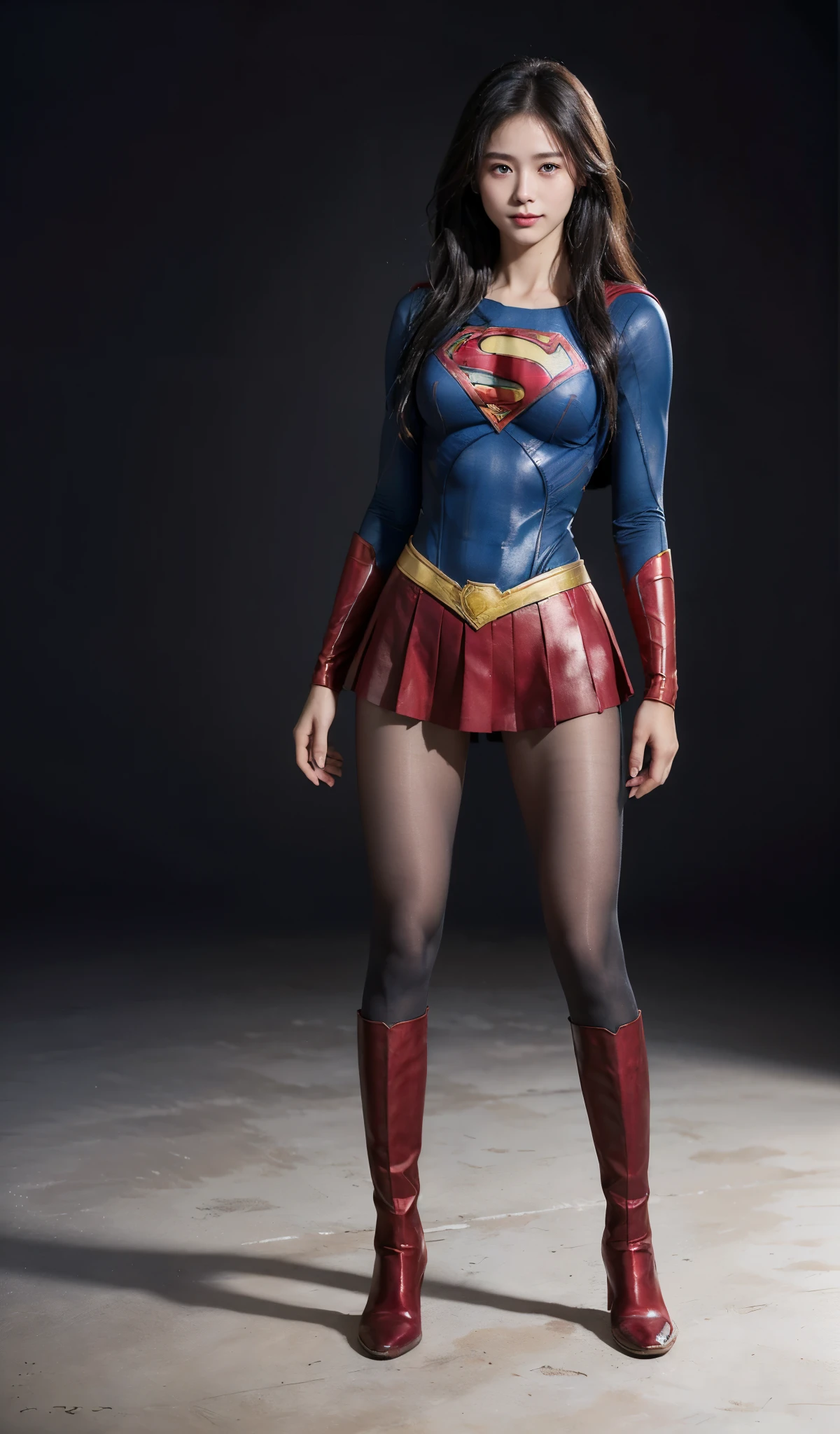 No background、(((Beautiful legs in black tights.)))、(((Legally express the beauty of your smile)))、((((Make the most of your original images)))、(((Supergirl Costume)))、(((Beautiful Hair)))、(((suffering)))、(((Please wear black tights....、Wear red boots)))、((Best image quality、8K))、((highest quality、8K、masterpiece:1.3))、(((Preserve background )))、Sharp focus:1.2、Beautiful woman with perfect figure:1.4、Thin abdominal muscles:1.2、Wet body:1.5、Highly detailed face and skin texture、8K