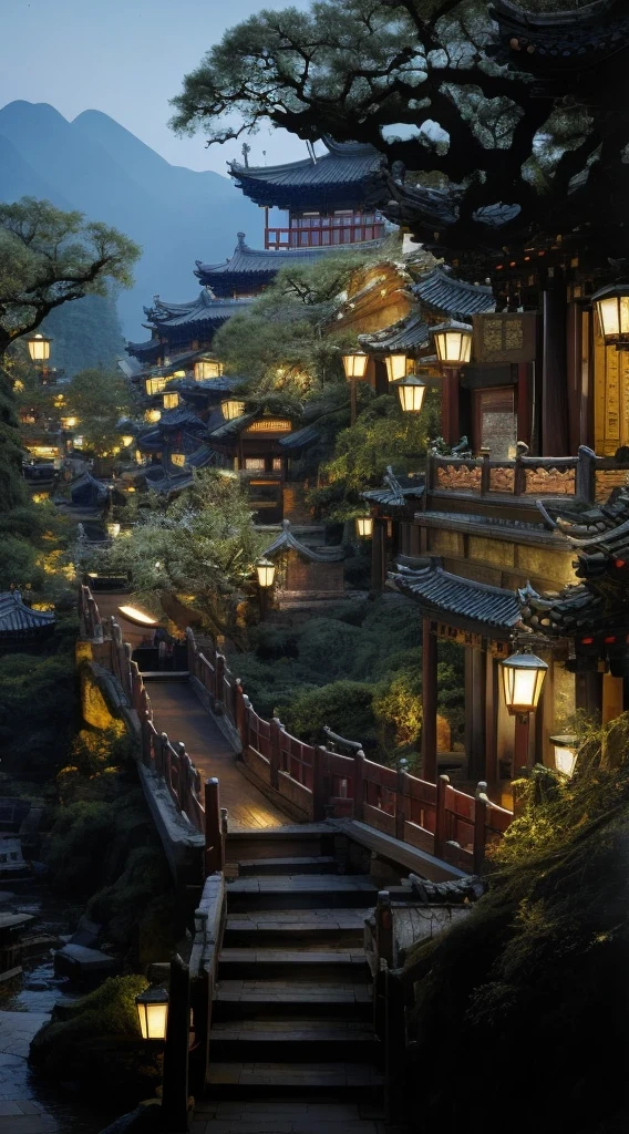 Close-up of the walkway leading to a building near the river, Lush Chinese landscape, Chinese Village, Classical Chinese architectural style, Inspiration for ancient Chinese architecture, Ancient Chinese architecture, Magical environment, Chinese mountain town at night, ancient Chinese town, Chinese-style architecture, Town at night,The picture is detailed,Cinematic effects,8K high-definition
