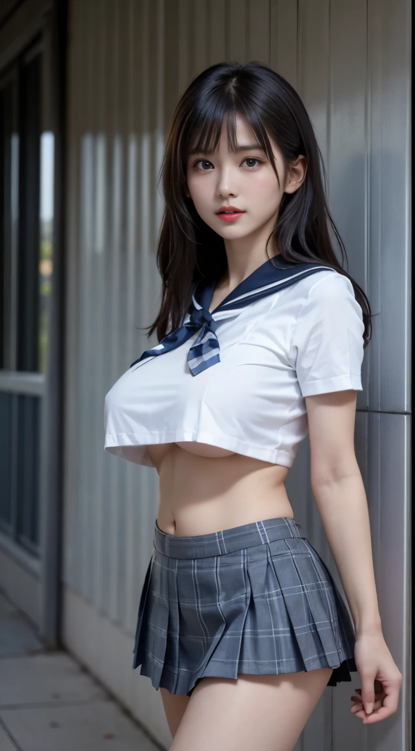 (highest quality:1.4), (Hyper Quality), (Ultra-high-definition realistic photos), Beautiful and young looking girl:1.2, very cute, Extremely beautiful, Great face and eyes, esotropia, Looking to the side, (A thin, short-sleeved white sailor school uniform), Cropped tops:1.2, (Low-rise micro mini skirt:1.3), (Bright light blue checkered pleated micro mini skirt), (Incredibly big and amazing boobs:1.4), (Super Slender:1.1), (Skinny and long thin legs:1.2), (Very small waist:1.2), Realistic skin texture, (bangs:1.3), Glossy and transparent lip gloss, The Beautiful Goddess Descends, Beautiful background, Golden Ratio, Conceptual Art, Very detailed, Accurate, Advanced Details, Outdoor, Sexy Art, Walking in the midsummer sunshine, Bright light, Super detailed illustration, High definition 8K wallpaper, Raw photo, Professional photos, Cinematic lighting, Written boundary depth, (No bra in uniform:1.2), belly button, (The shape of her nipples can be seen through her uniform), (Nipple protrusions push up the uniform), Her big breasts are stretched out from her uniform:1.2, (The underboob is visible:1.2), (High heels on bare feet)
